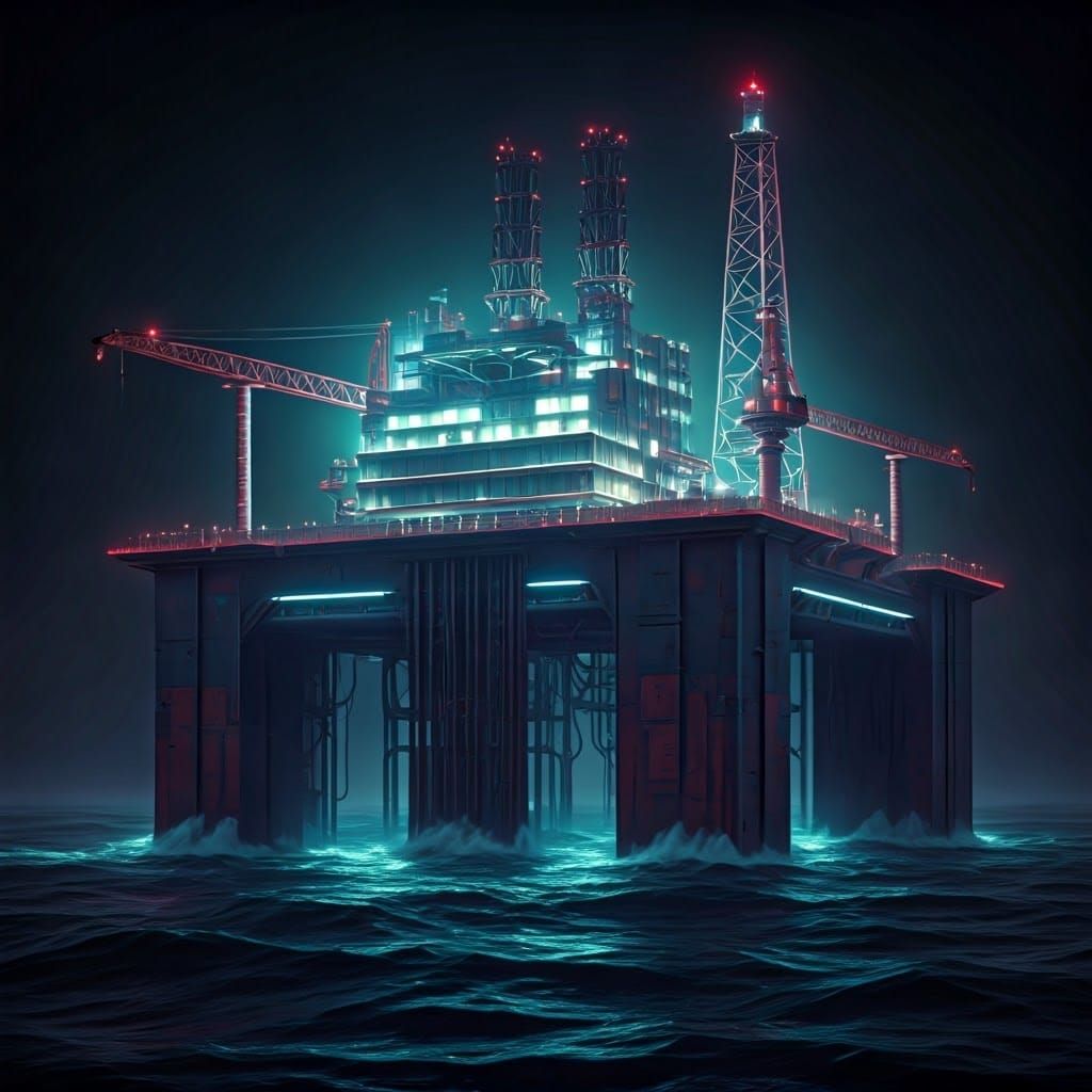 Neon Cyberpunk Oil Rig in Dark Waters
