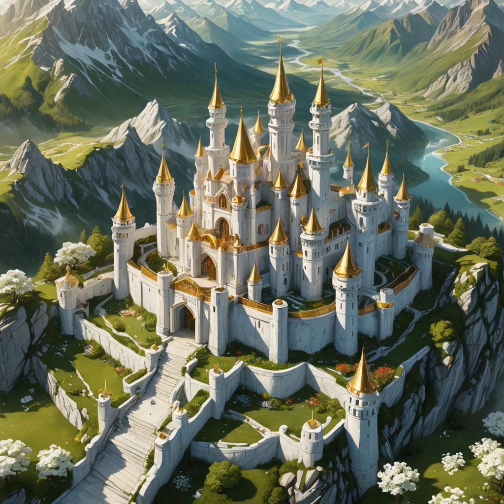 A giant white castle of glowing white marble, with gold trim...