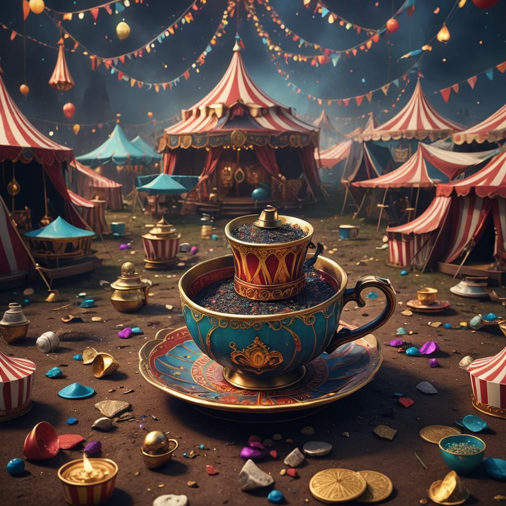Circus Tent Inside Tea Cup: Detailed Matte Painting