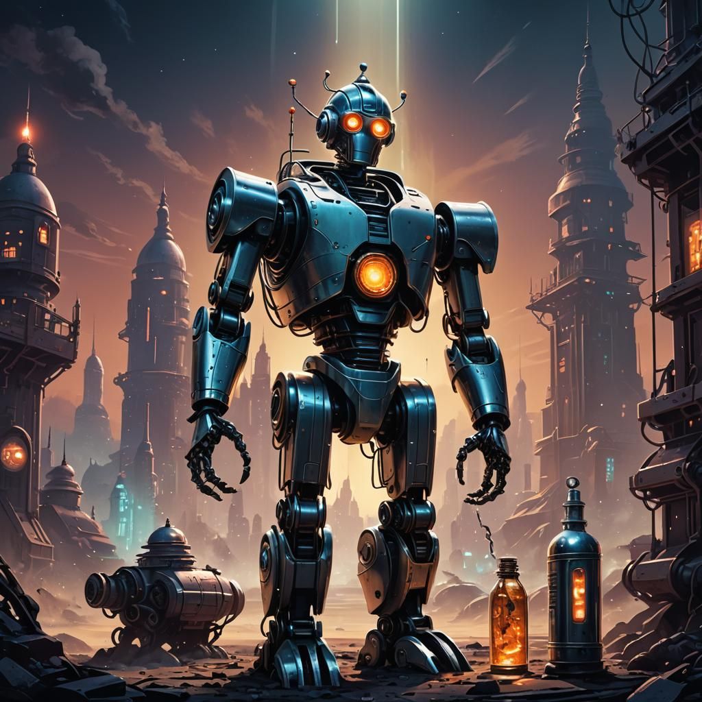 Robot Genie Towers Over Mystical Bottle in Sci-Fi Style