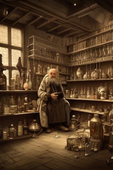 Old Wizard in Curiosity Shop: Digital Illustration