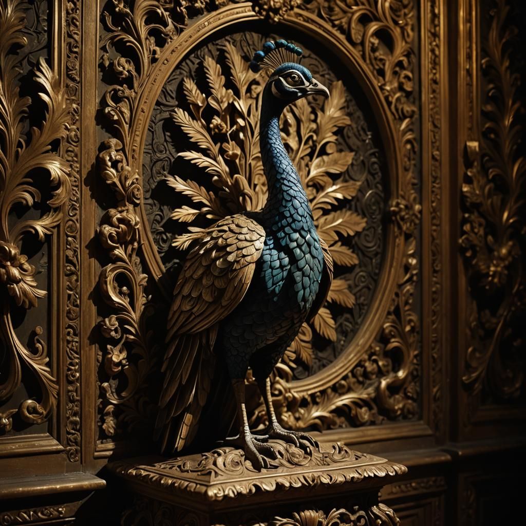 Hand-Carved Pfau Sculpture in Baroque-Chiaroscuro Lighting