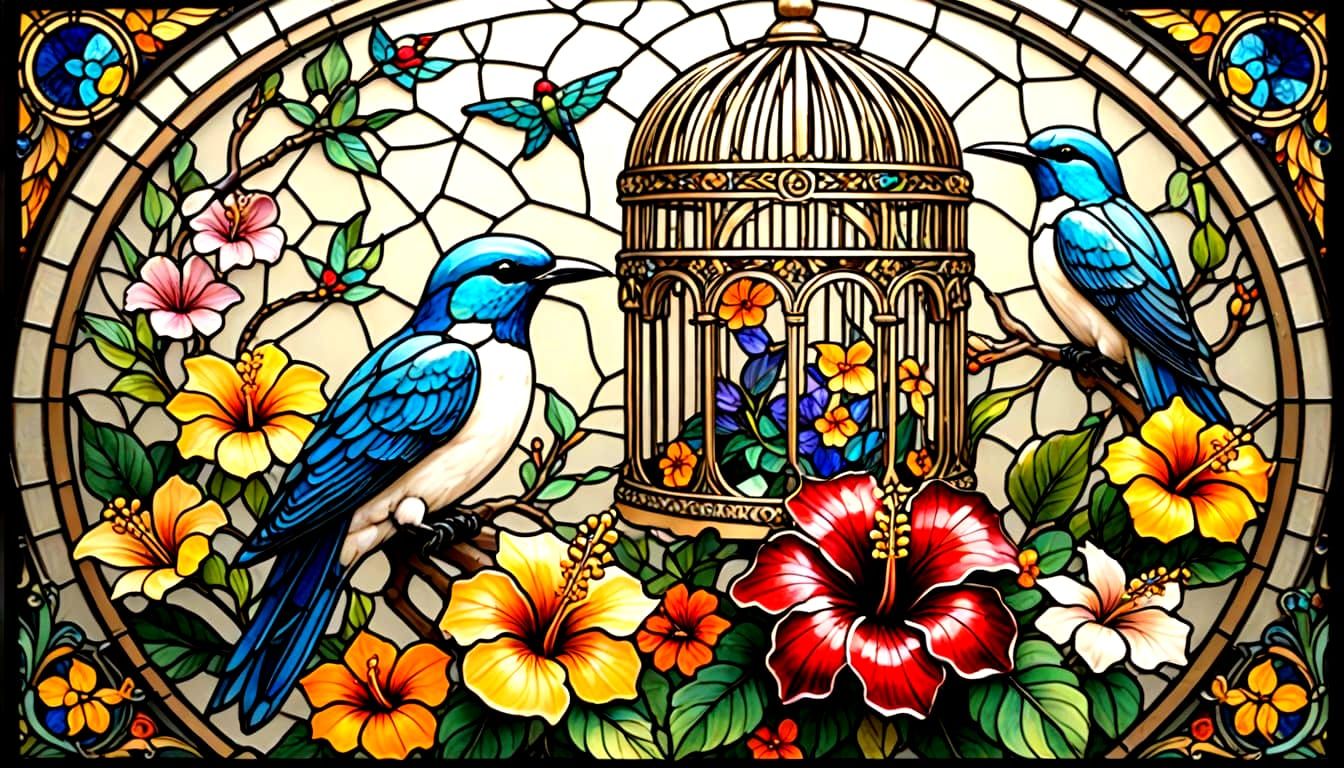 Art Nouveau Stained Glass Bird Cage with Hummingbirds