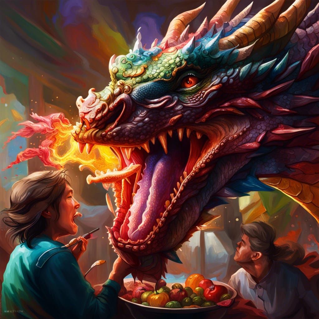 Hyperrealistic Dragon Eats People: Splash Art Concept