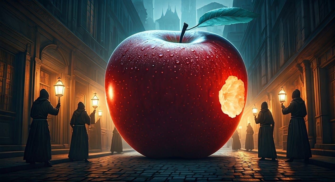 Colossal Apple in Dark Fantasy Street Scene