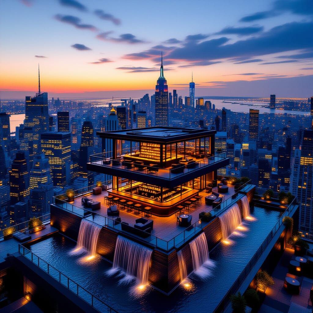 Cozy Manhattan Rooftop Bar at Sunset: Drone View