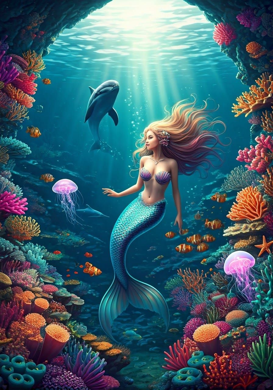 Realistic Mermaid in Vibrant Underwater Scene with Dolphins ...