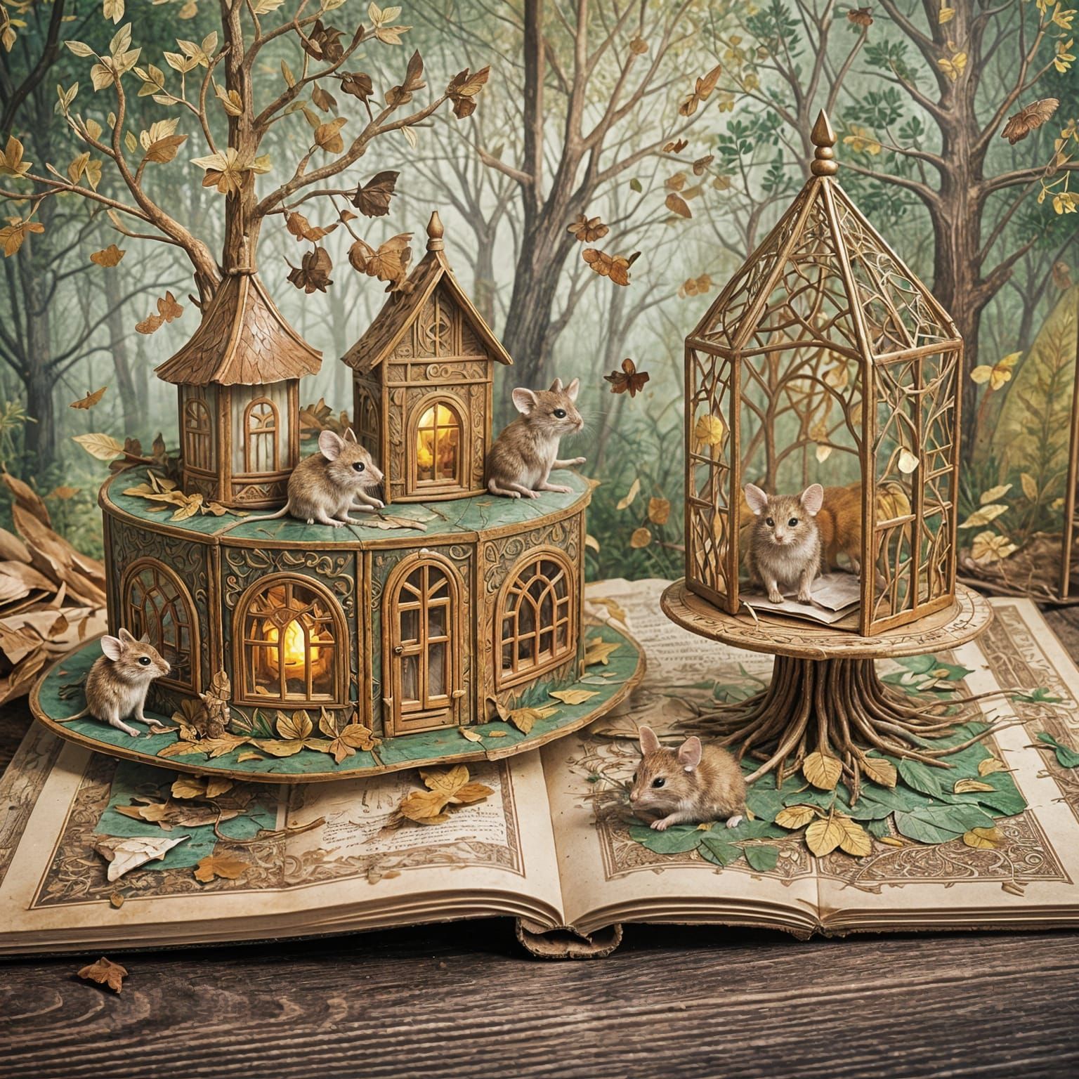 Whimsical Forest Mice Bursting From Antique Book