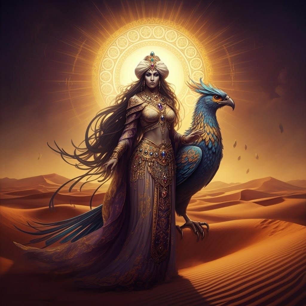 A djinn queen and a large rukh bird in the desert of Persia  with a large ornate sun and halos and Persian script Extrao...