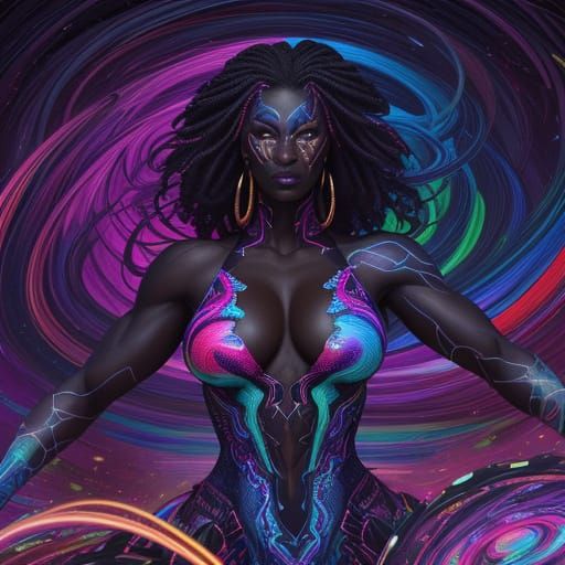 Psychedelic Woman in a Vibrant Digital Landscape