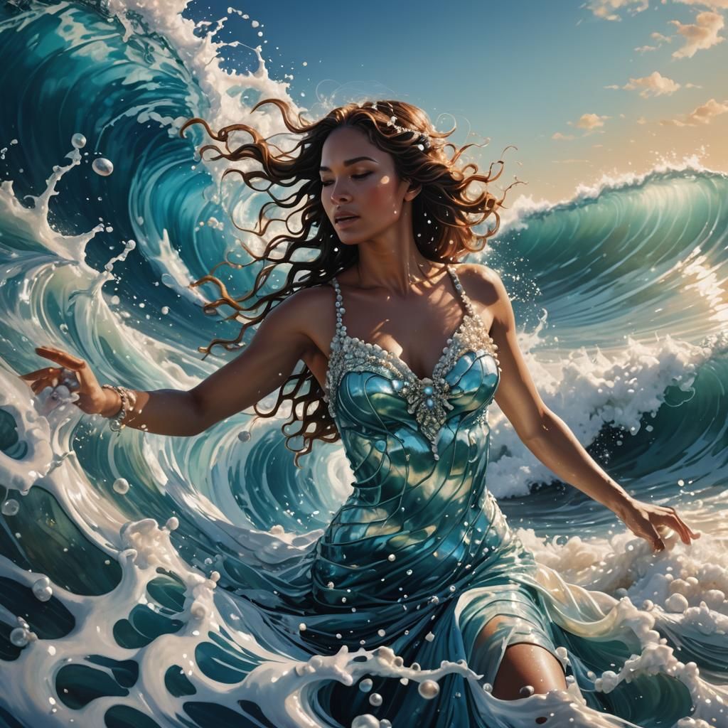 Pearl Adorned Woman Rides a Wave, Splash Art