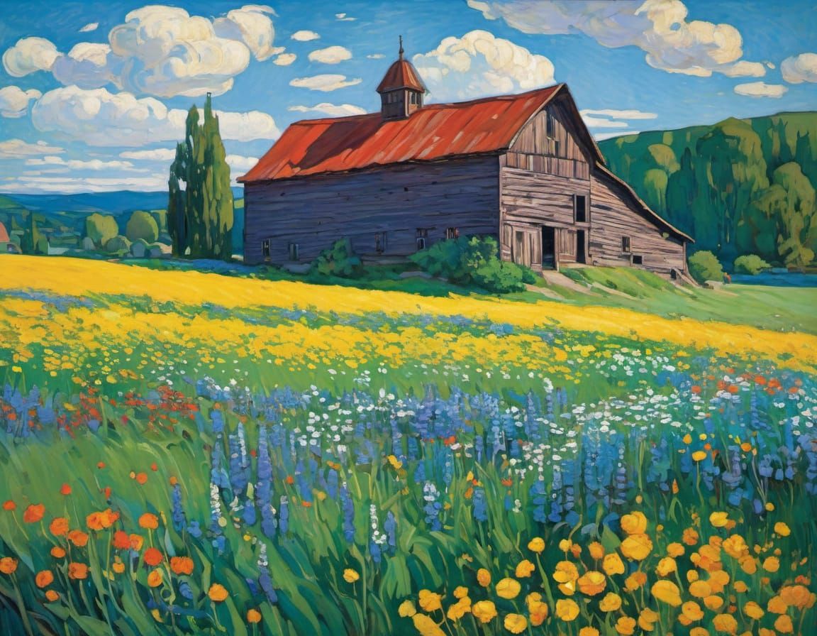 Old Barn in Wildflower Field: Impasto and Woodblock