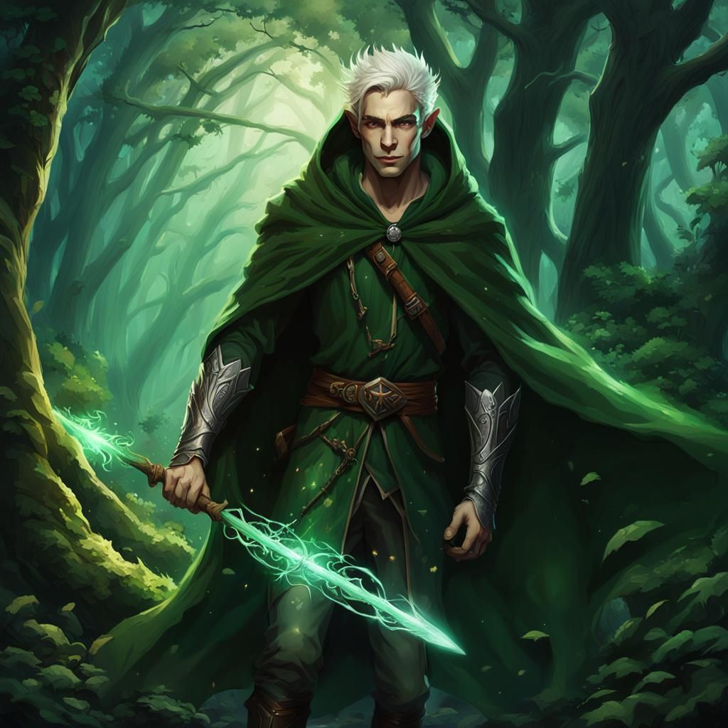 Handsome Elf Druid in Dark Fantasy Forest