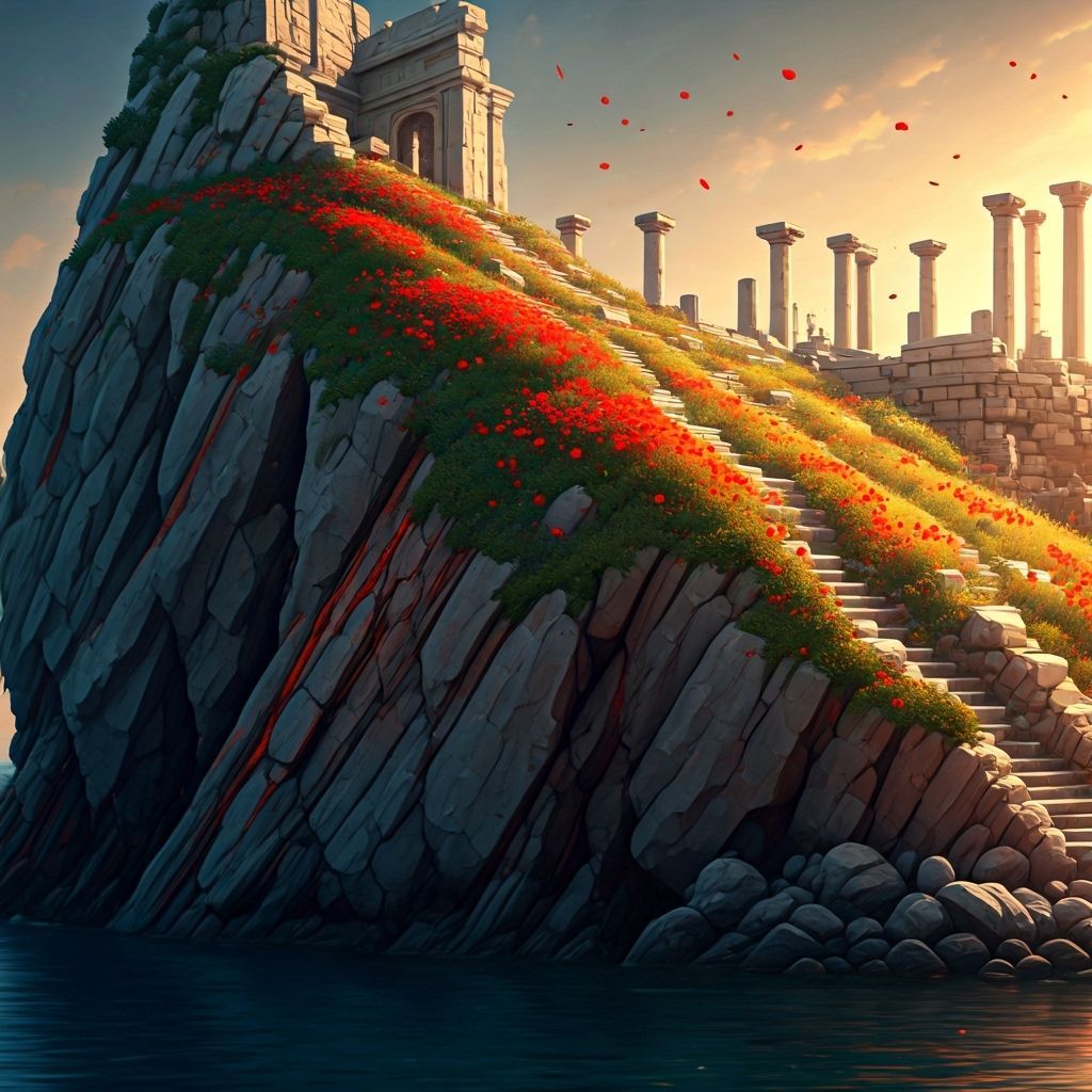 Ancient Greek Cliff with Red Poppies in Digital Art Style