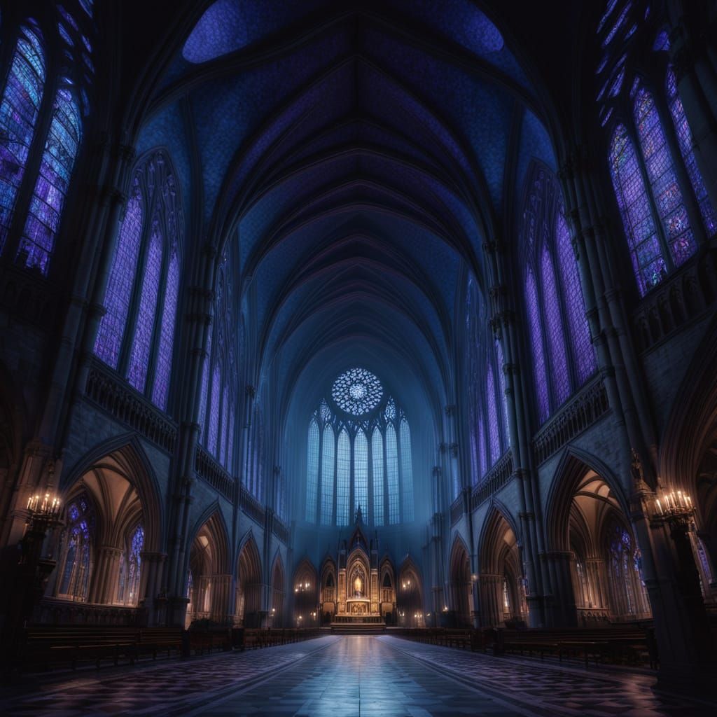 Mysterious Gothic Cathedral at Night in Moonlight