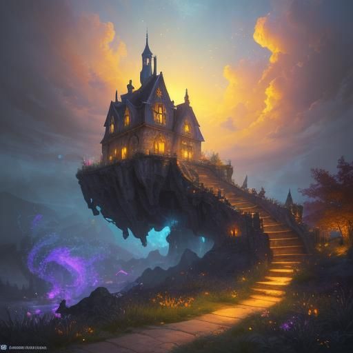 Whimsical Floating House Fantasy Oil Painting