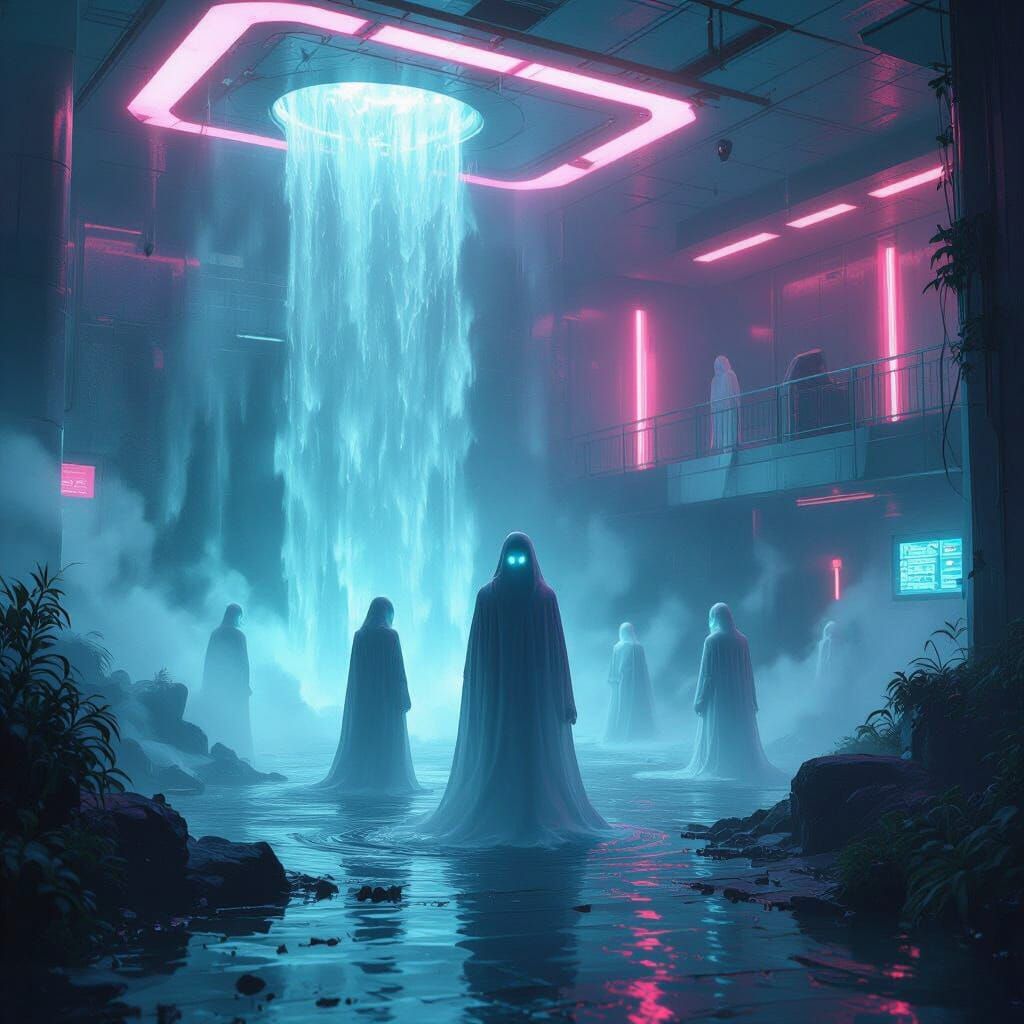 Eerie Ghosts Waterfall in Futuristic Hospital