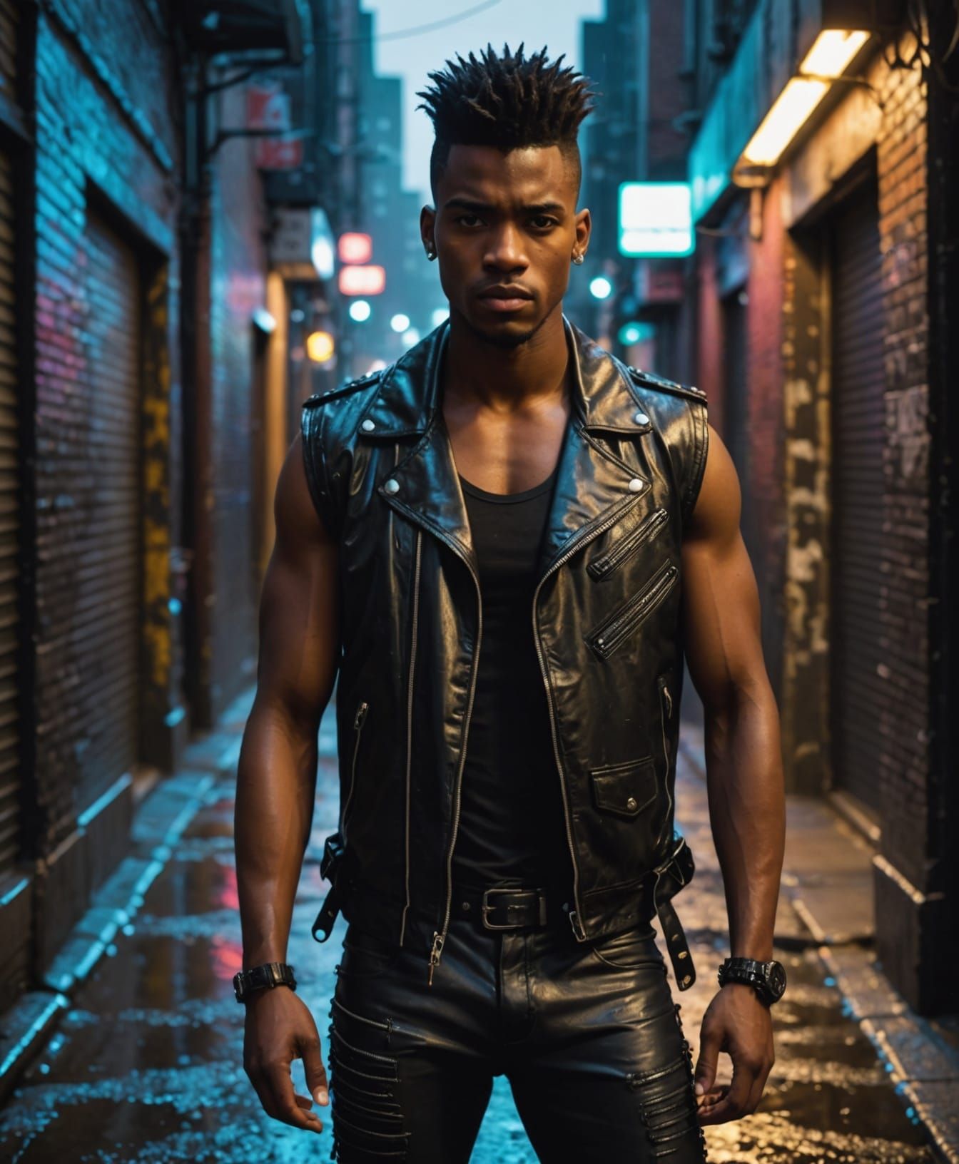 Punk with Mohawk in Neon Alleyway