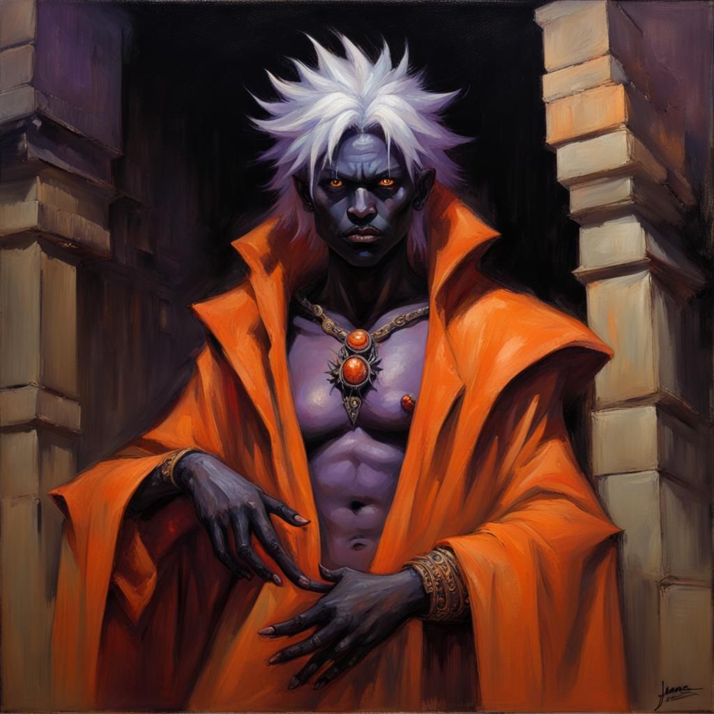 Drow Sorcerer in Subterranean City, Oil Painting