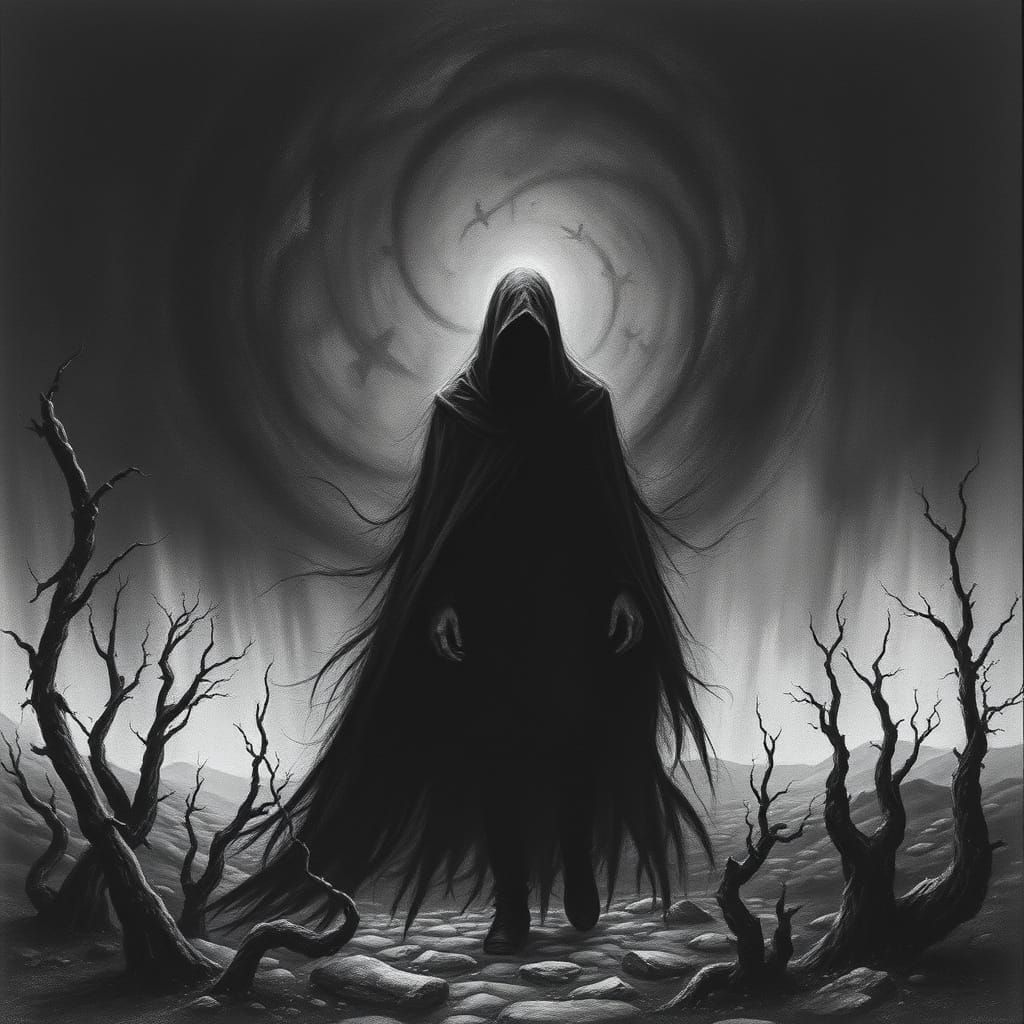 Dark Figure in Shadowy Landscape, Charcoal Drawing