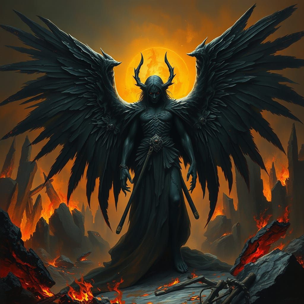 Majestic Fallen Angel in Dark, Gothic Fantasy Style