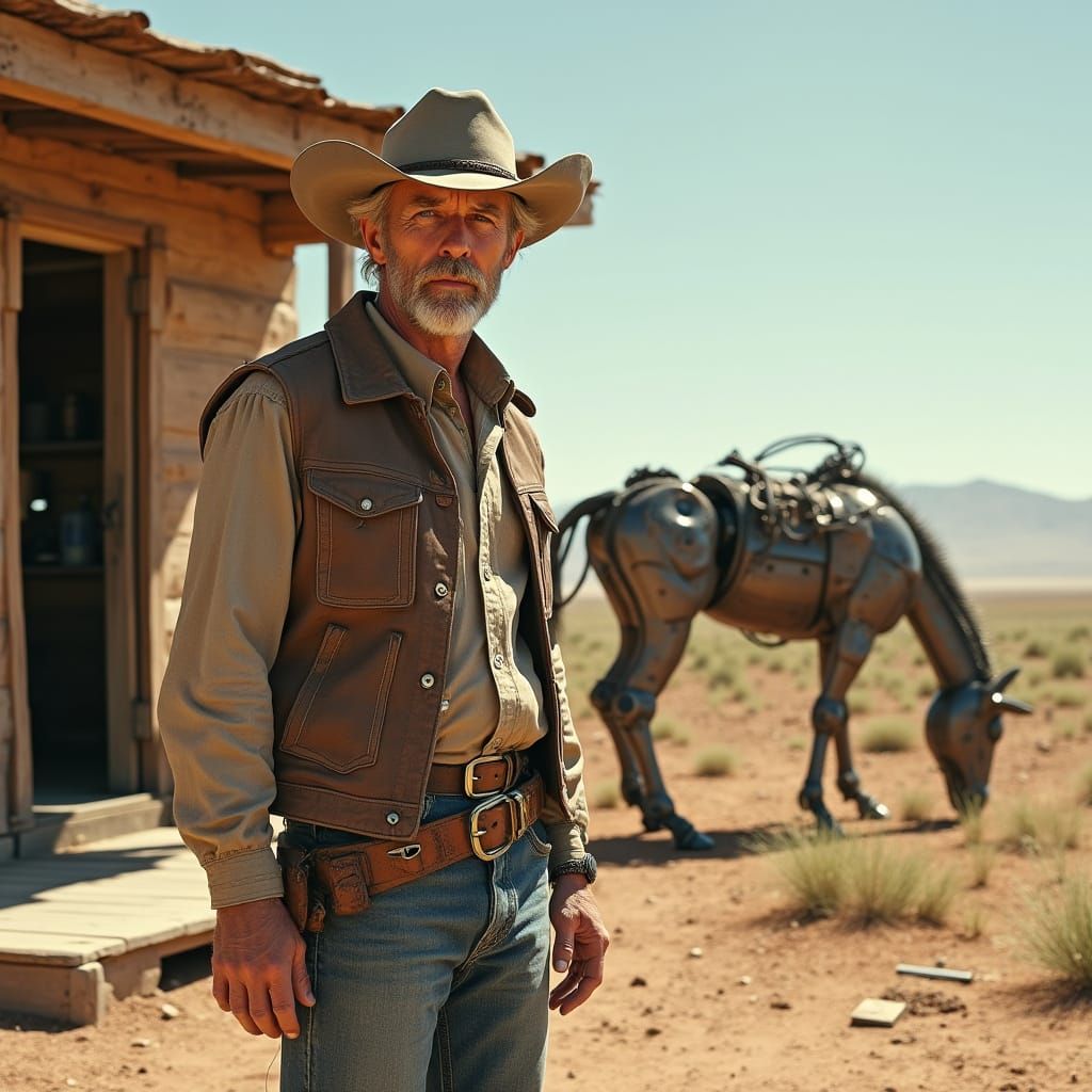 Weathered Cowboy Stands Guard Outside Rustic Badlands Cabin