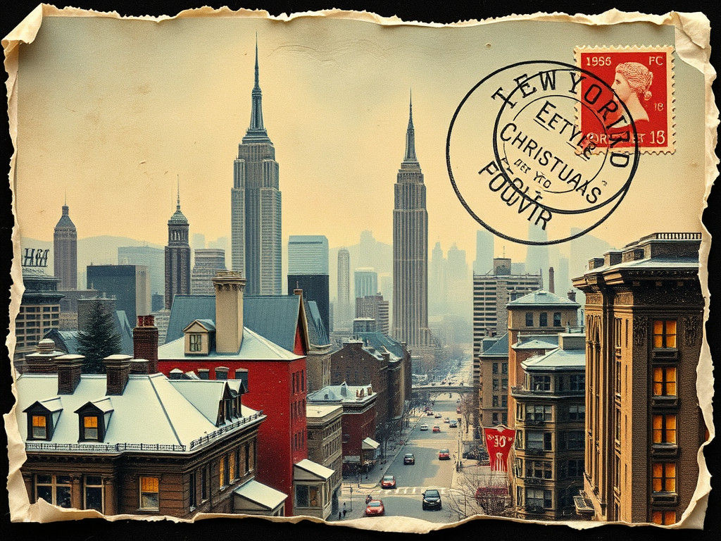Vintage Christmas Postcard of New York Skyline