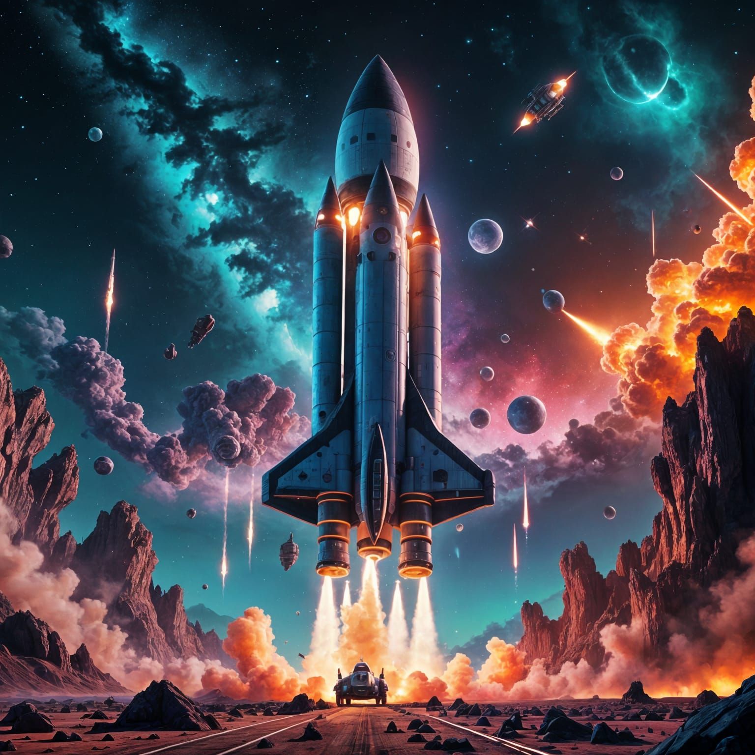 Retro Rocket Launch on Alien Planet in Fantasy Art