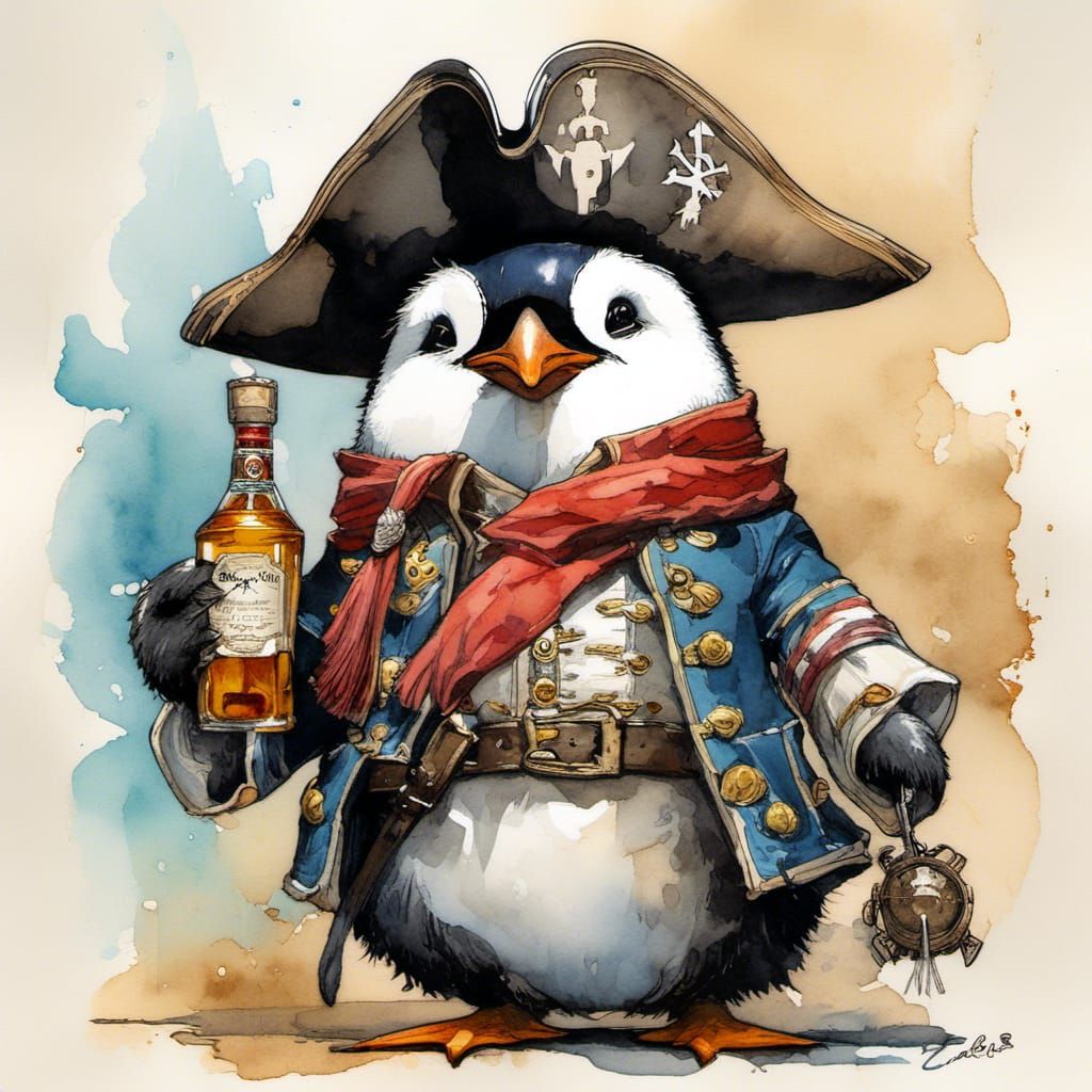 Cute Pirate Penguin with Rum, Watercolor Sketch