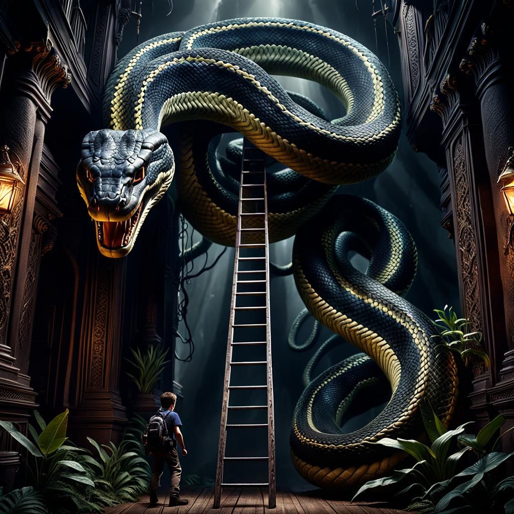 Boy Escapes Snake: Epic Dark Fantasy Digital Art