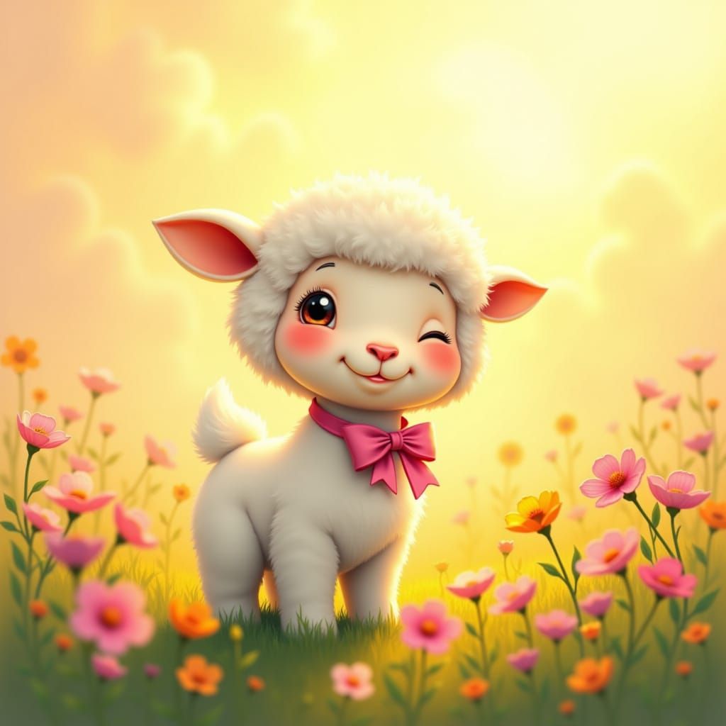 Adorable Baby Lamb in Sunlit Meadow with Pink Bow