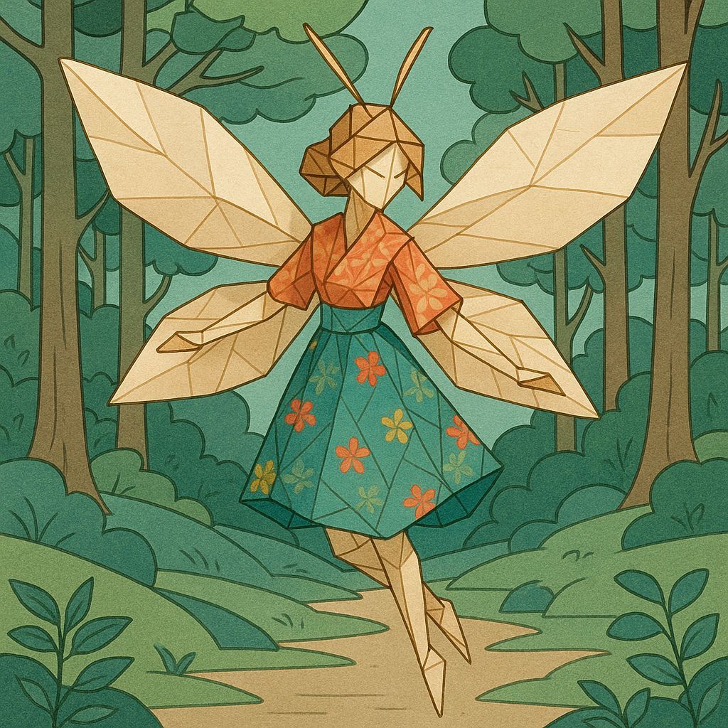 Origami Fairy Unfolding Paper Wings in Stylized Forest