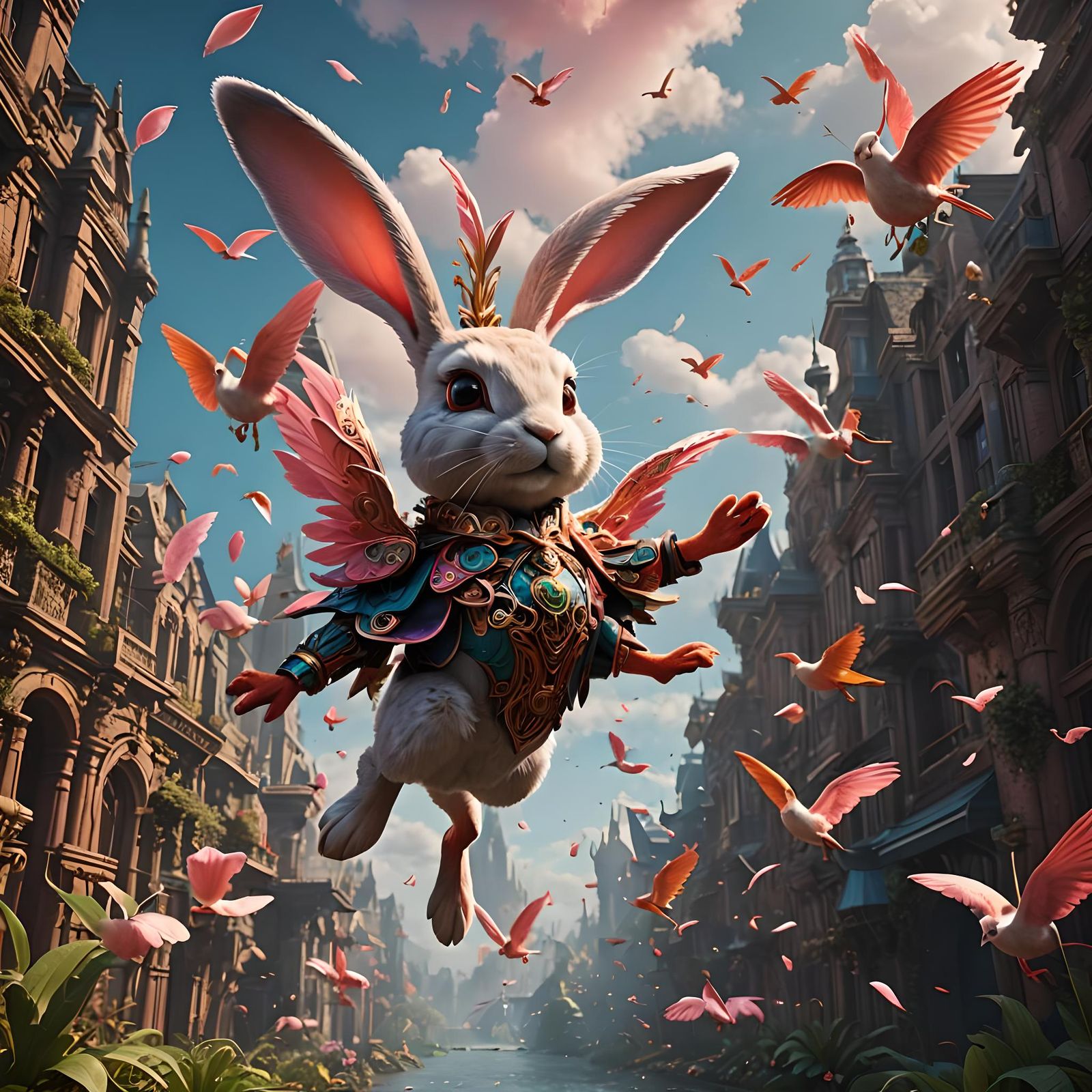 Flying Rabbit with Flamingo Legs: Detailed Matte Painting