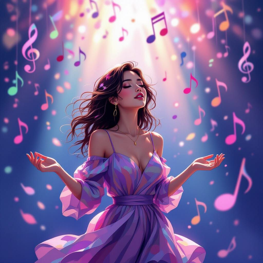 Woman in Vibrant Music World, Digital Art