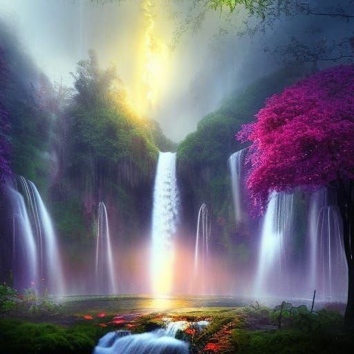 Rainy Sunset Fairy Waterfall in Digital Watercolor
