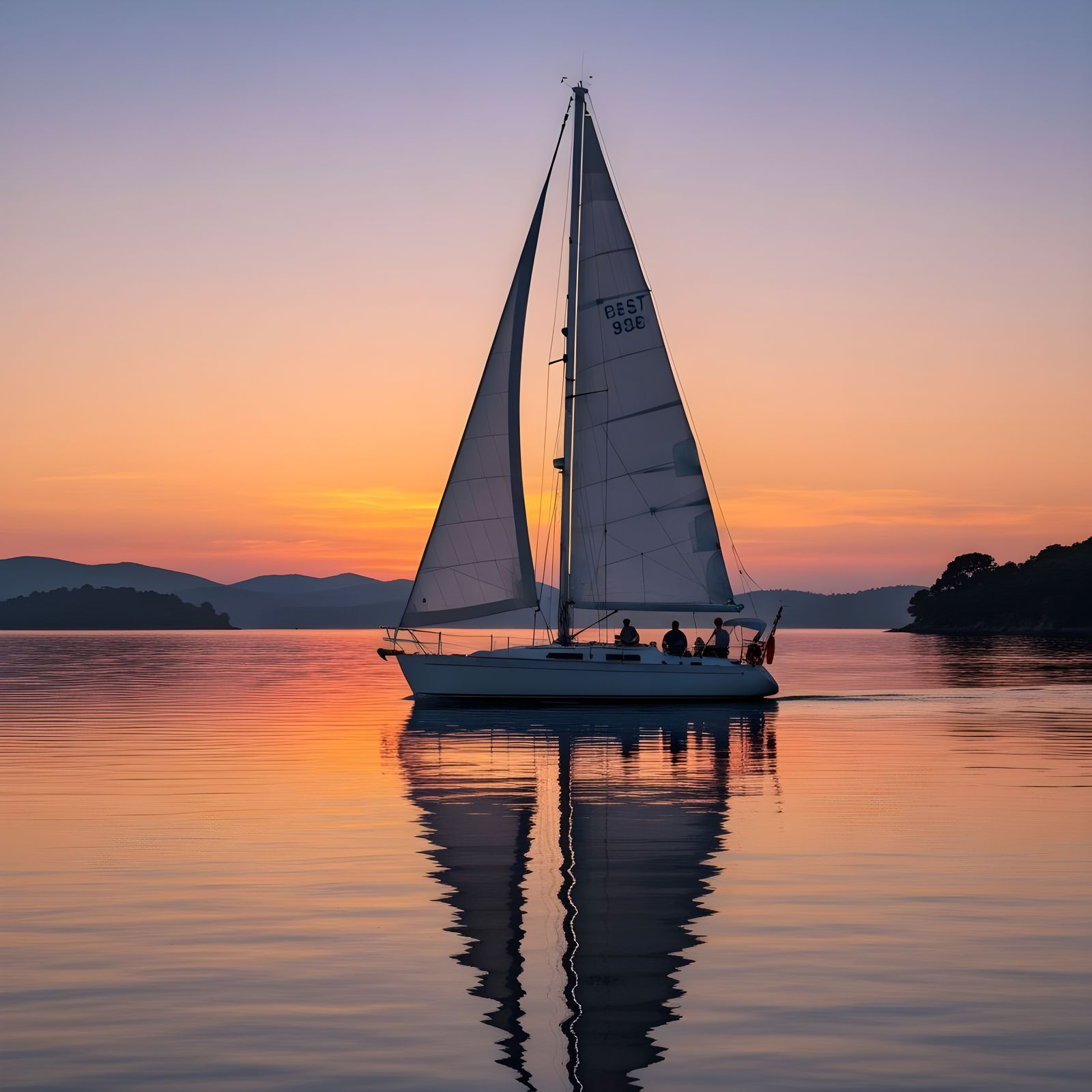 Sailboat Sunset on Calm Bay with Distant Hills