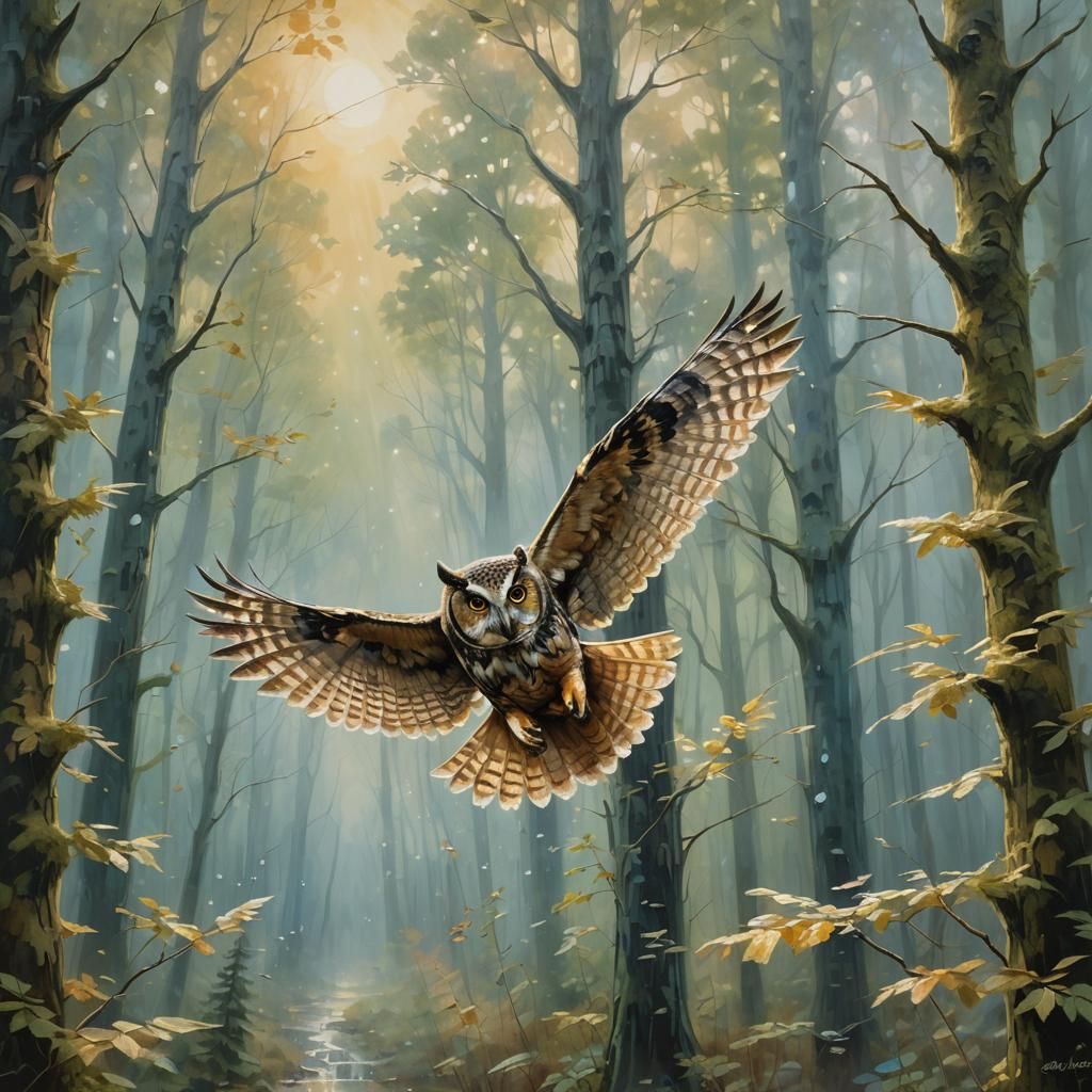 Owl in Misty Forest: Whimsical Impressionist Oil Painting