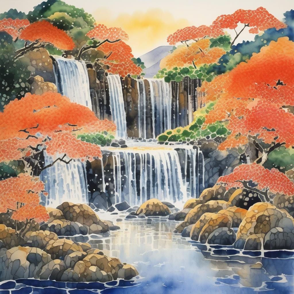 Waterfall in Japanese Style as Watercolor