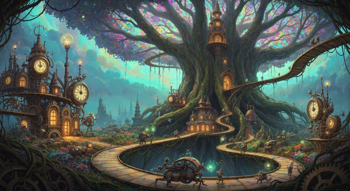 Whimsical Clockwork City in Ancient Tree Canopy