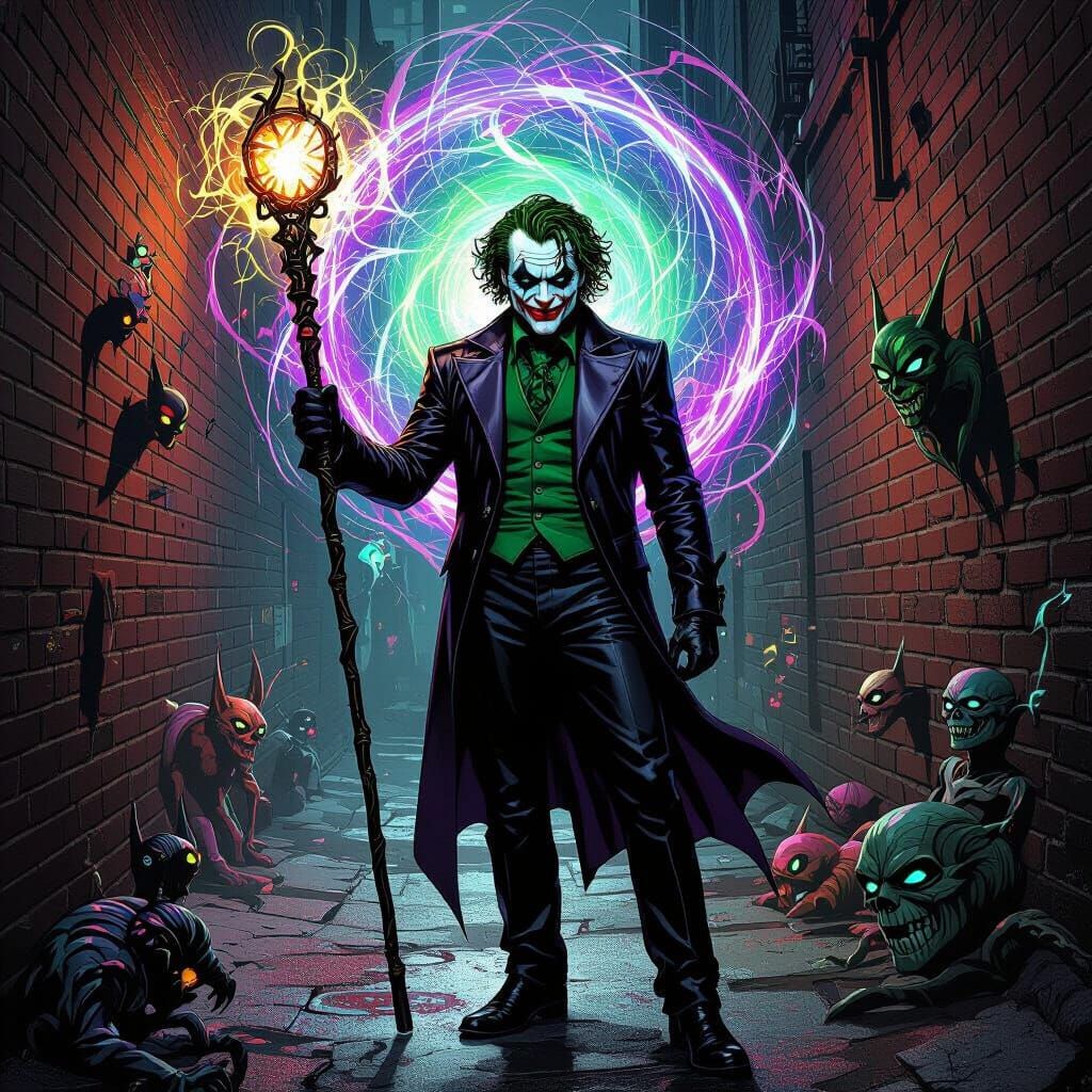 Joker in Alley with Enchanted Creatures and Temporal Energy