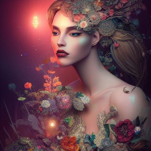 Intricate Collage of Midnight Beauty in 3D Liquid Detail