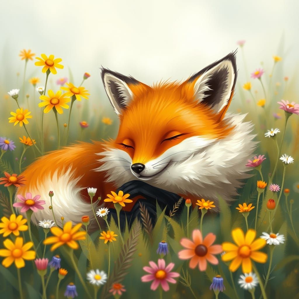 Fox Sleeping in Meadow, Whimsical Fantasy Art