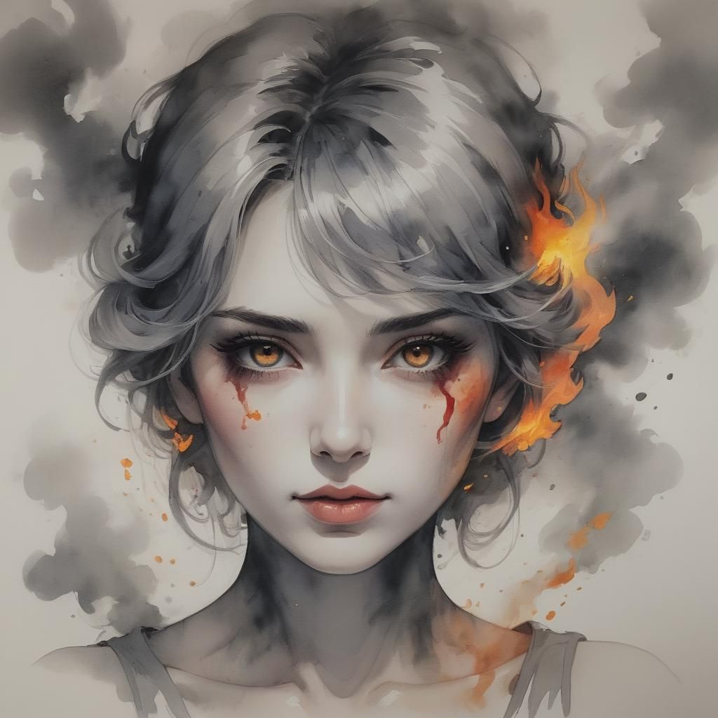 Ink Stained Watercolor Portrait of Woman on Fire