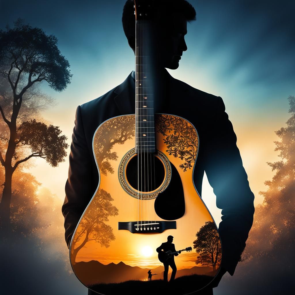 Acoustic Guitar Silhouette in Four Seasons, Double Exposure