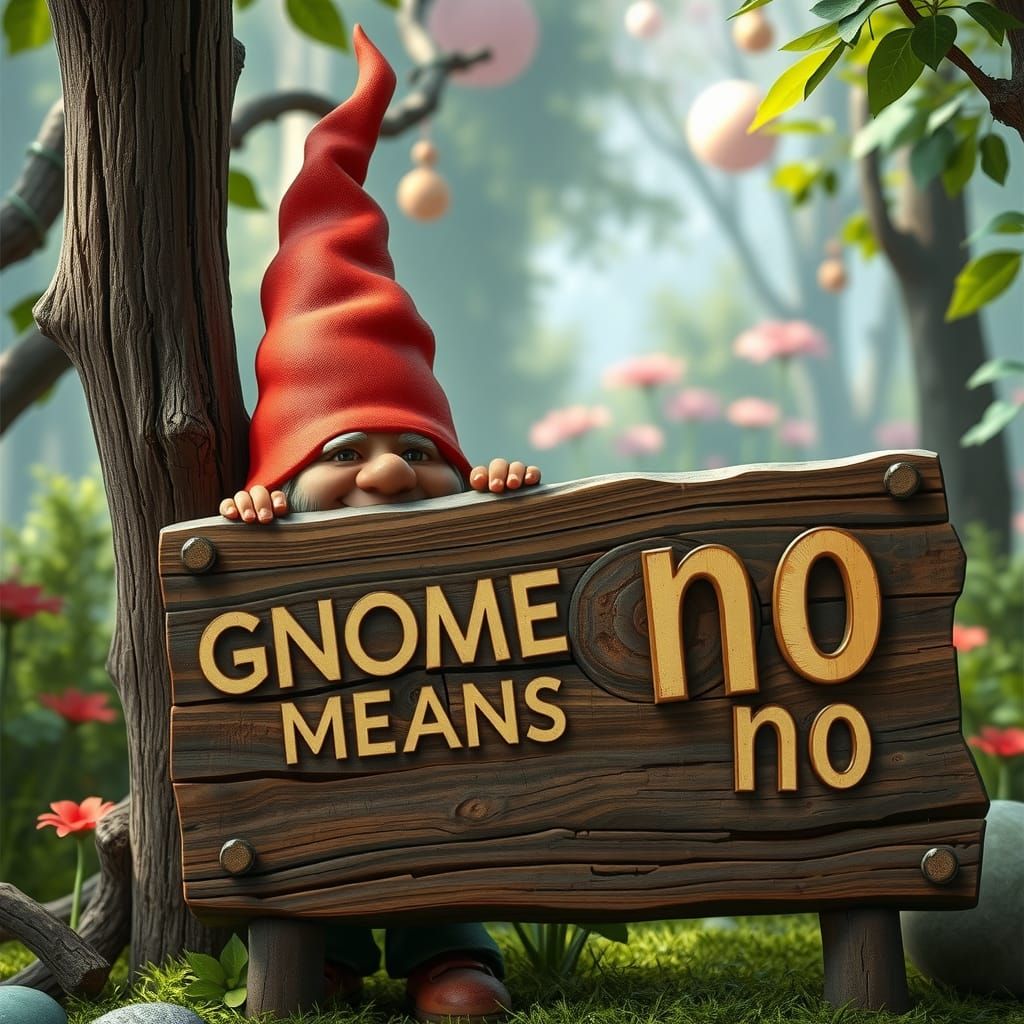 Gnome Hiding Behind Sign in Whimsical Forest