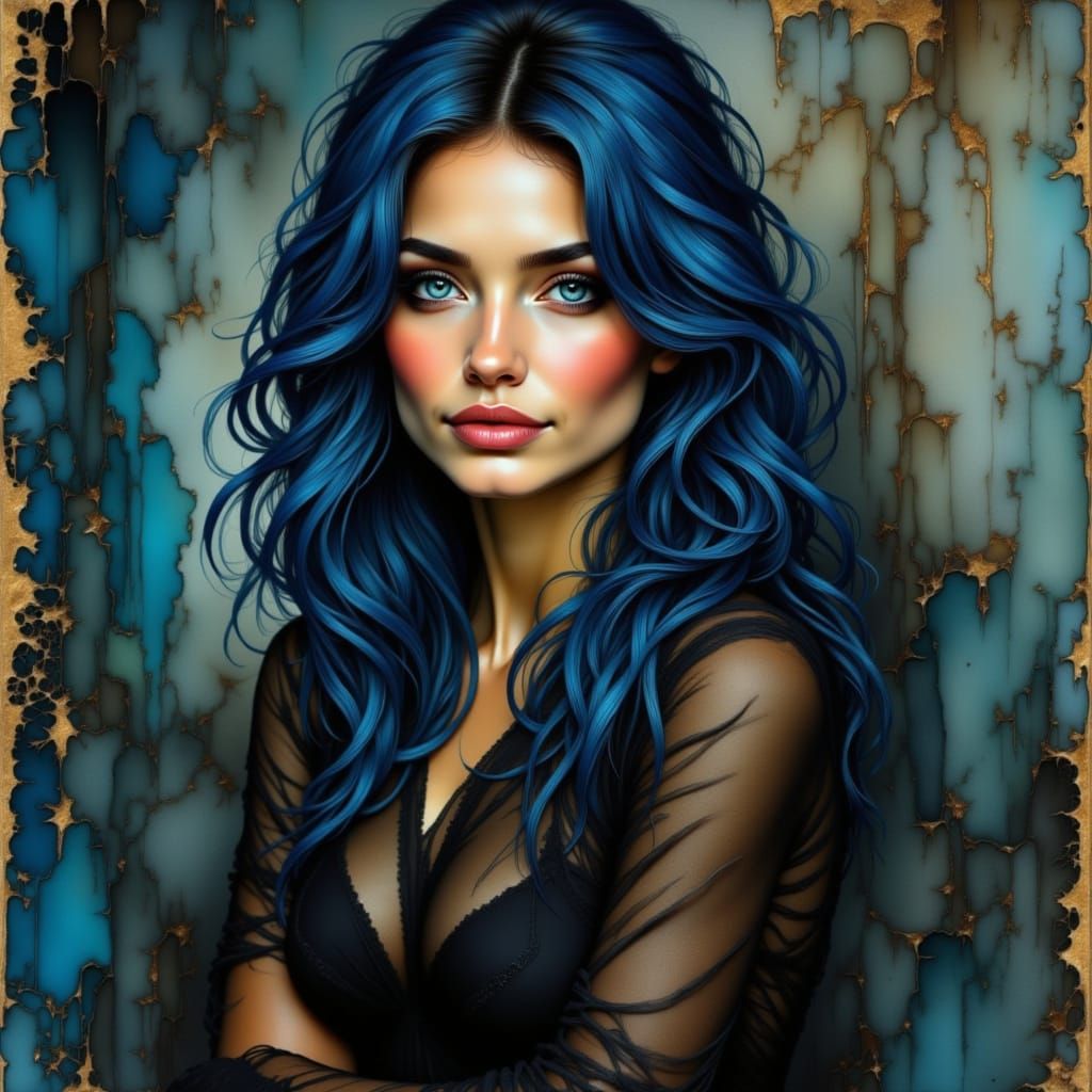 Woman with Blue Hair in Neurographic Portrait