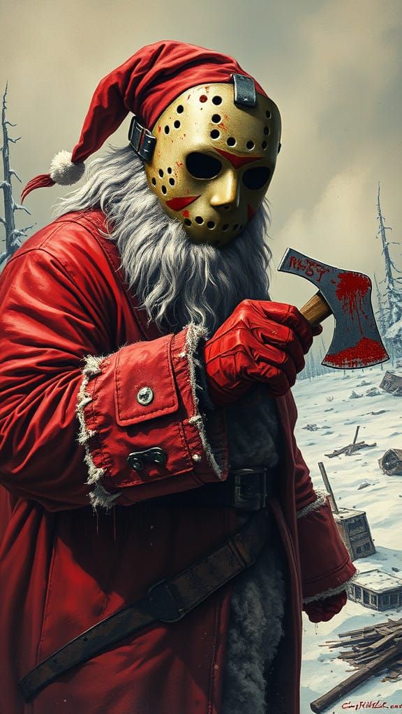Santa Claus in Horror Hockey Mask, a Dark Christmas Scene