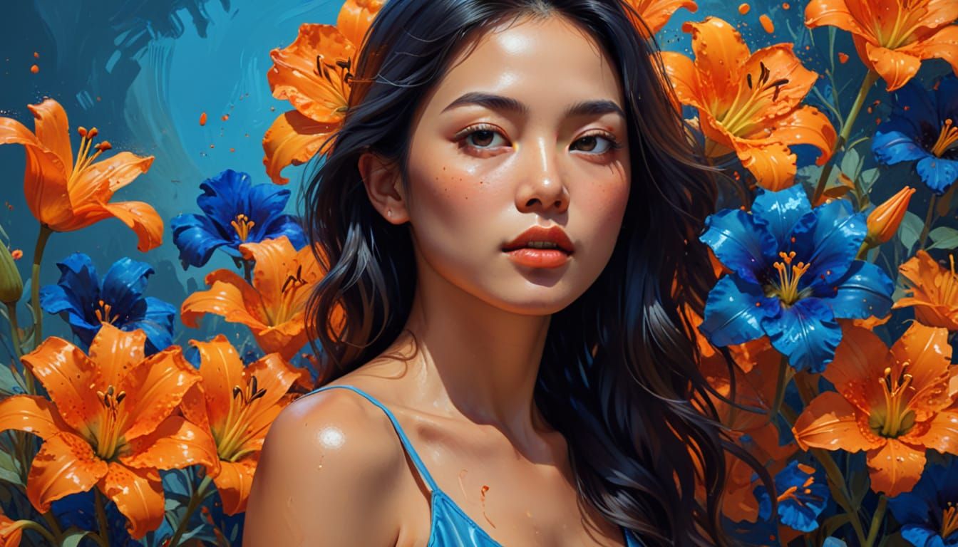 Asian Woman Surrounded by Lilies and Poppies