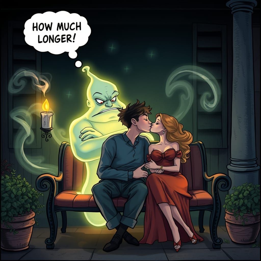 Grumpy Genie Watches Kissing Couple: Comic Book Style