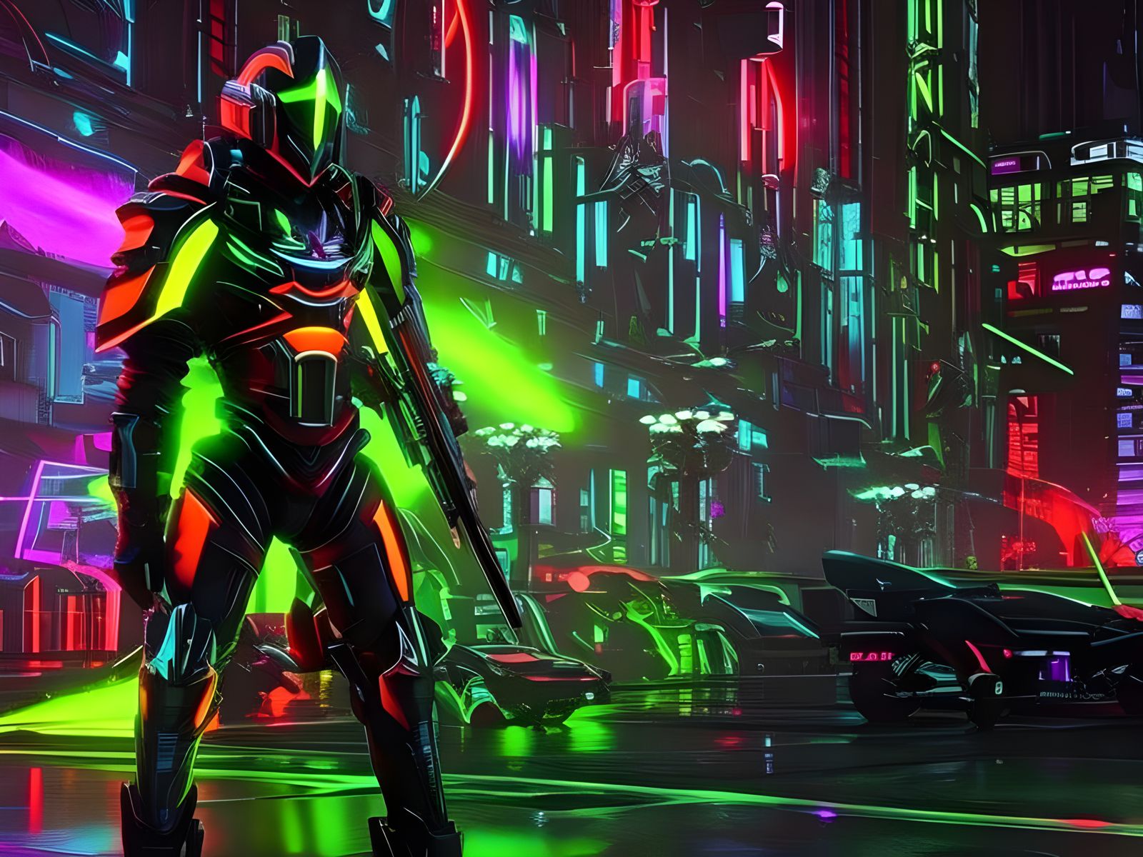Cyberpunk Neon Knight in Dark Fantasy Armor